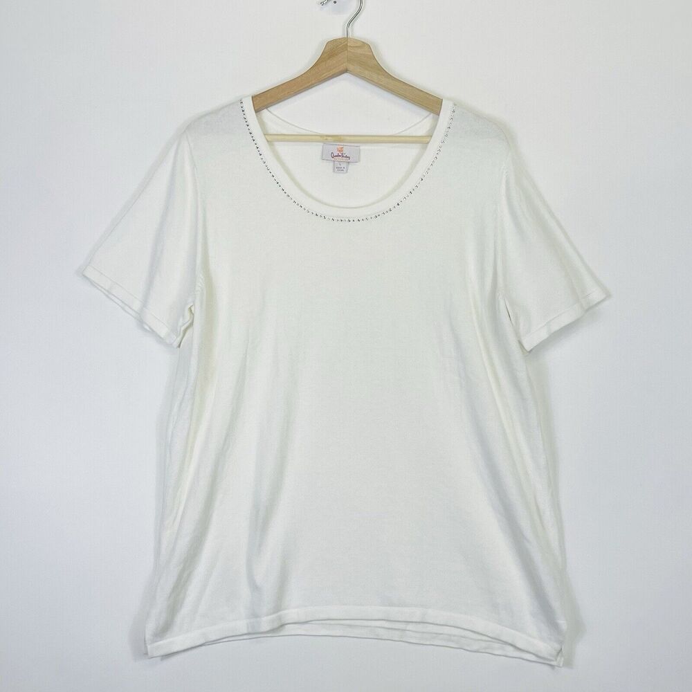 Quacker Factory Sweater Women Large Ivory‎ Rhinestone Short Sleeve Bling Whimsy